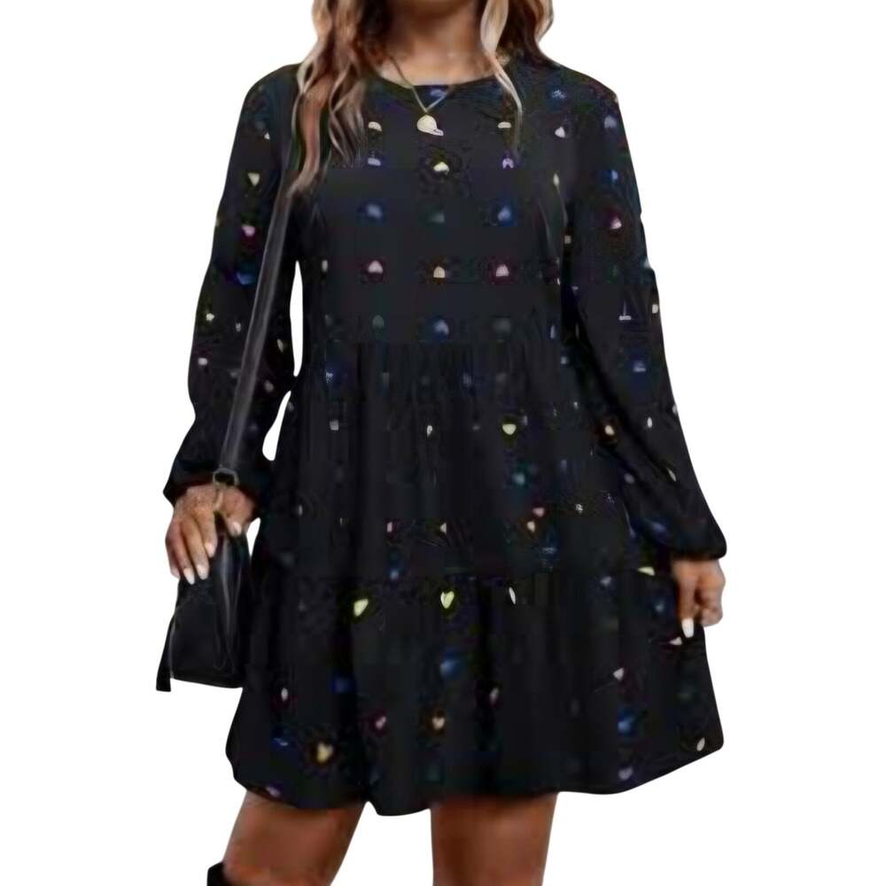 Polka Dot A-line Black And Heart Dots Sundress 3x Tiered Ballon Sleeve Travel